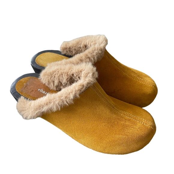Anthropologie x Charles David 7 Shearling Clogs Suede Fur Slip On Shoes Yellow - Picture 4 of 9
